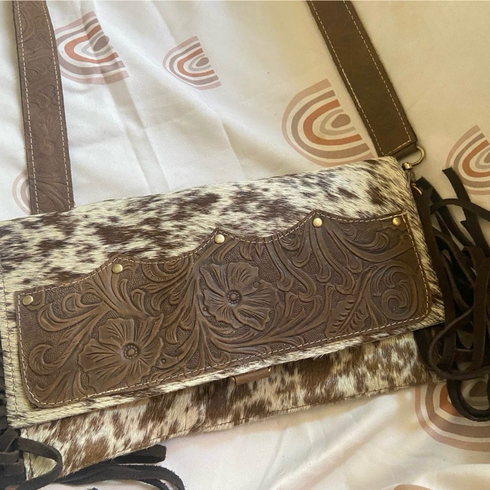 Western Cowhide Brown Fringe Patterned Women's Crossbody Bag